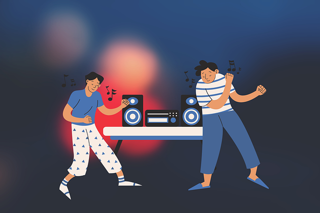 Dua orang sedang menari di depan meja DJ dengan lampu warna-warni gaya retro