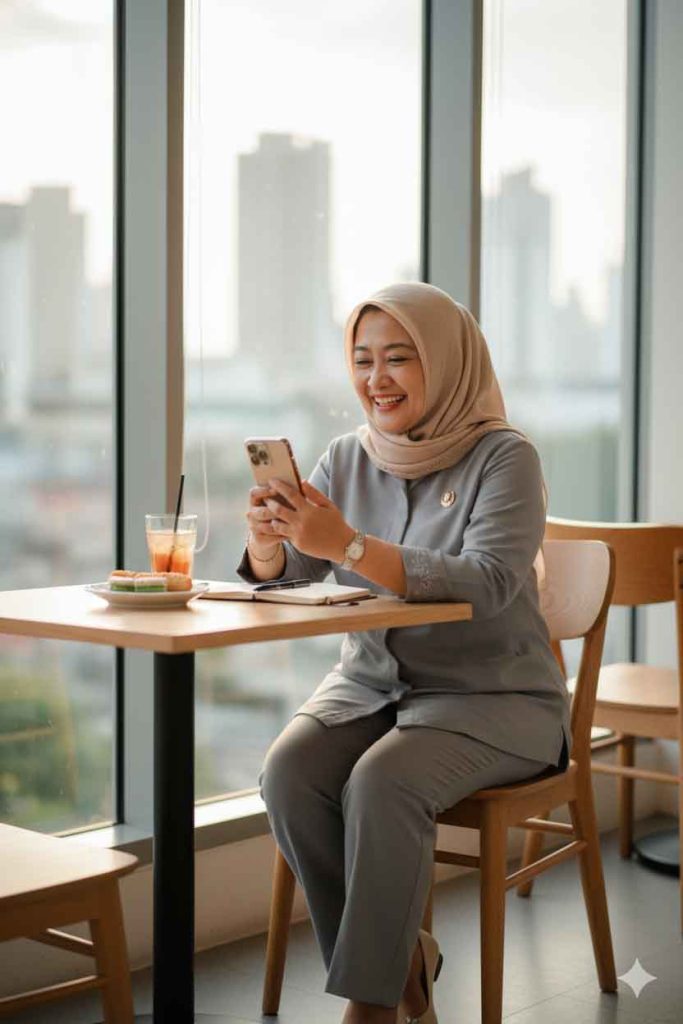 Model wanita berhijab pashmina krem profesional hasil prompt Gemini AI