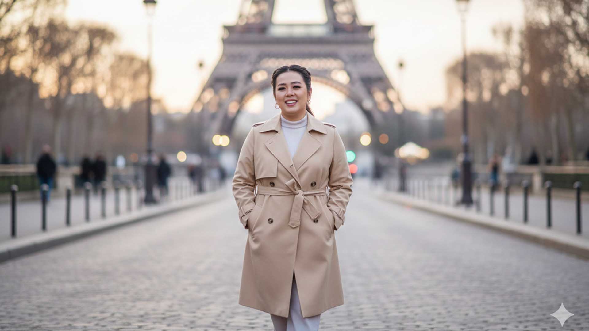 Seorang wanita tersenyum mengenakan trench coat krem berdiri di tengah jalanan kota Paris dengan latar belakang Menara Eiffel yang megah saat hari mendung.