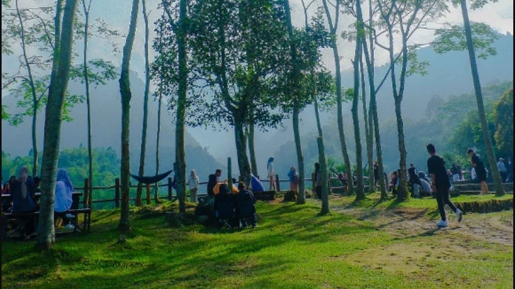 Pemandangan tempat wisata baru di Jogja dengan latar belakang perbukitan hijau dan dek pandang estetik yang instagramable