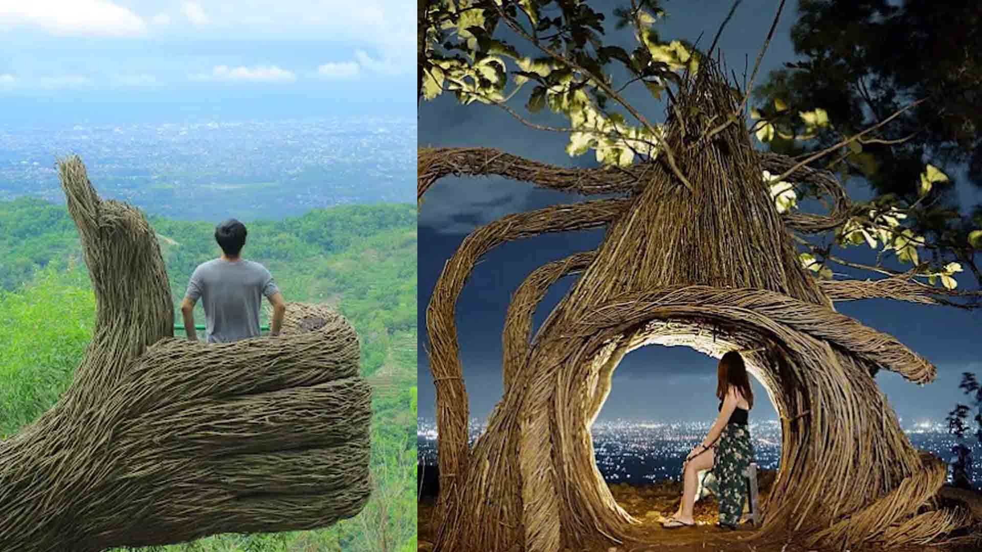 Seorang pria berdiri di atas instalasi seni berbentuk tangan raksasa dari ranting pohon di Pinus Pengger Bantul, dengan latar belakang pemandangan hijau perbukitan dan hamparan kota Yogyakarta dari ketinggian